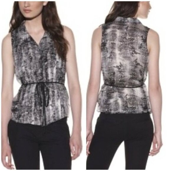 Edun Sz S 100% Silk Belted Monochrome Abstract Reptile Print Sleeveless Blouse - Picture 1 of 11